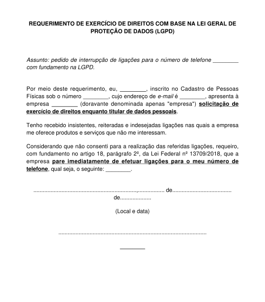 Requerimento para parar de receber ligações telefônicas indesejadas LGPD