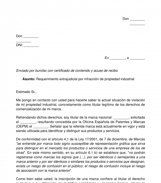 Requerimiento por infracción de propiedad industrial o intelectual