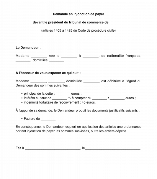 Requête en injonction de payer en matière commerciale