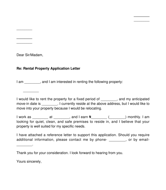 Residential Rental Application Letter