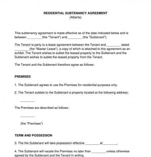 Residential Subtenancy Agreement