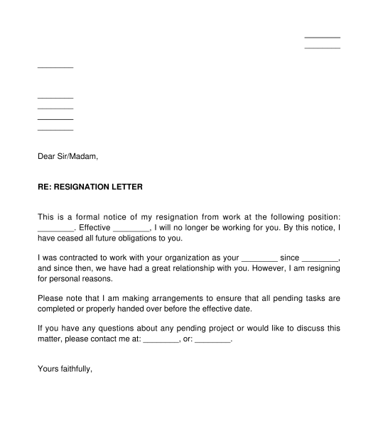 Resignation Letter of Service Provider