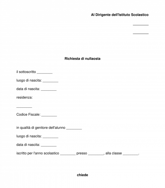 Richiesta di rilascio nulla osta per cambio di istituto scolastico