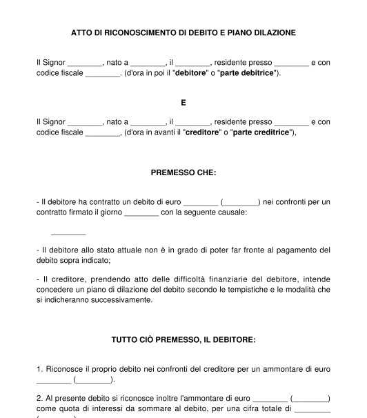 Riconoscimento di debito e piano dilazione