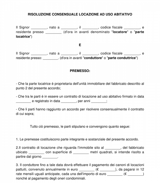 Risoluzione consensuale di locazione ad uso abitativo