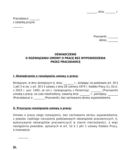 Rozwiązanie umowy o pracę bez wypowiedzenia przez pracodawcę