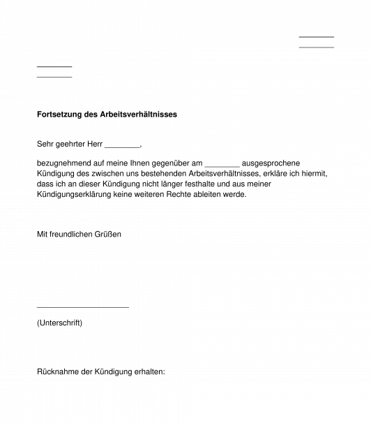 Rucknahme Kundigung Arbeitsrecht Muster