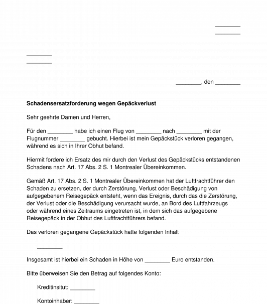 Schadensersatz wegen Gepäckverlust / Gepäckbeschädigung bei Flugreise