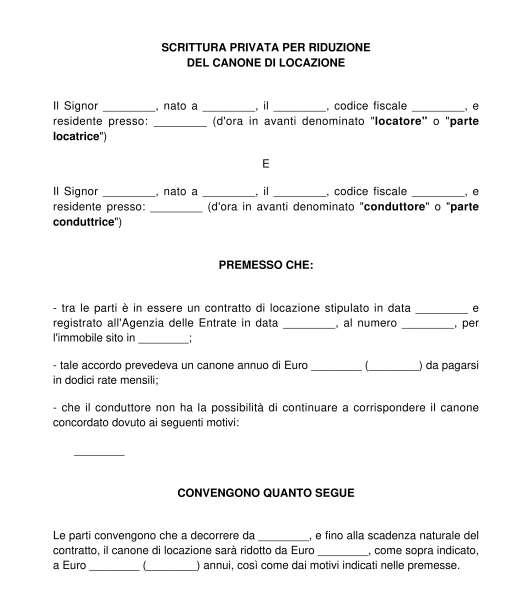 Scrittura privata per riduzione del canone di locazione