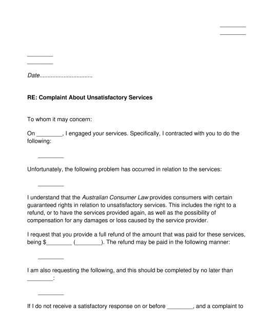 Service Provider Complaint Letter