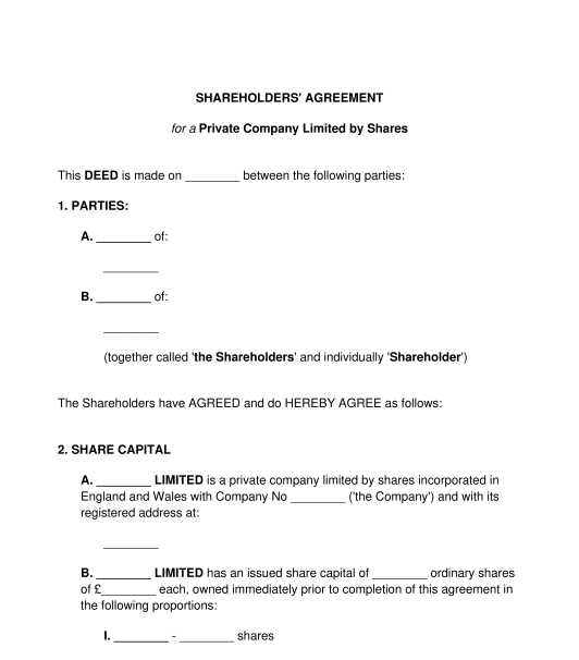 Shareholders' Agreement for a Private Company Limited by Shares LTD