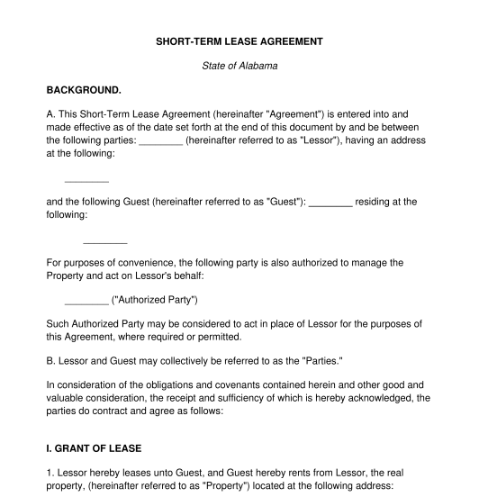 Simple Short Term Lease Agreement Template