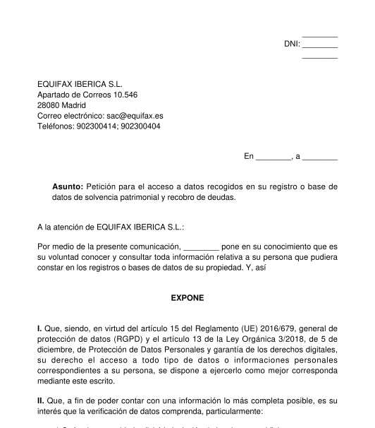 Solicitud de acceso o cancelación de datos en fichero de impagos morosos