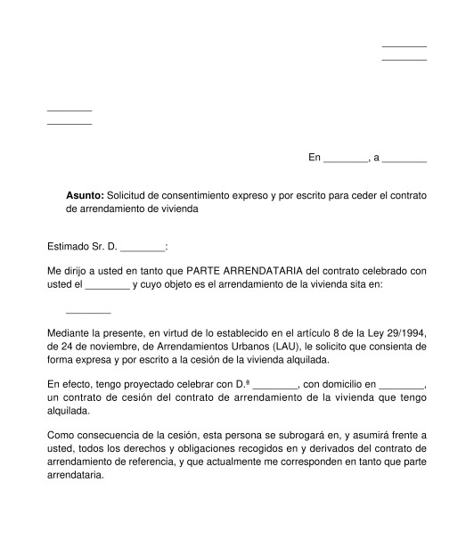 Solicitud al arrendador de autorización para la cesión o el subarriendo de su vivienda o local de negocio