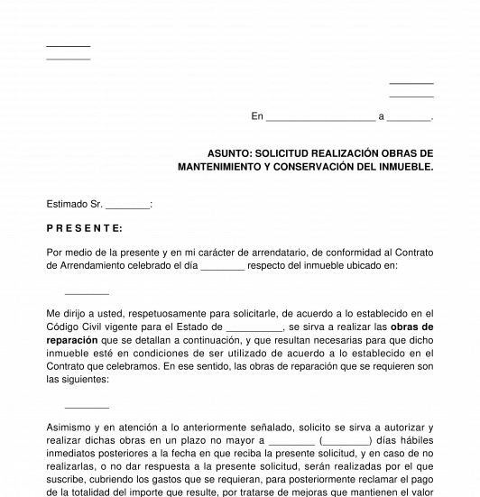 Solicitud al arrendador para realizar obras de mantenimiento y conservación al inmueble
