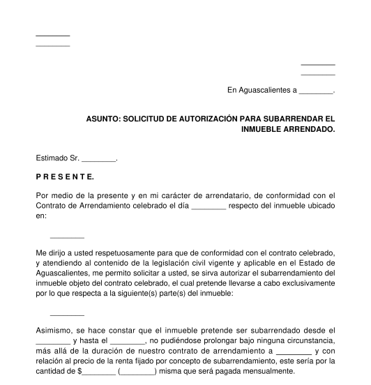 Solicitud de autorización al arrendador para ceder o subarrendar una casa o negocio