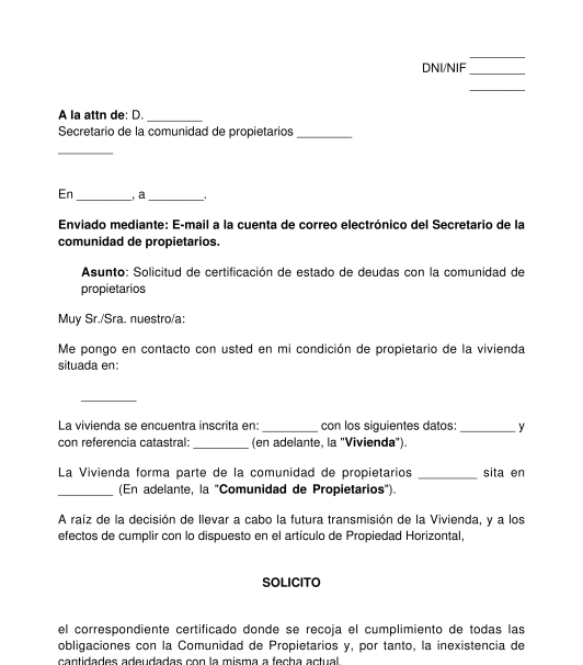 Solicitud de certificado de deudas con la comunidad de propietarios para compraventa