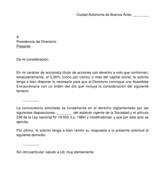 Solicitud de Convocatoria de Accionistas de S.A. o S.A.S.