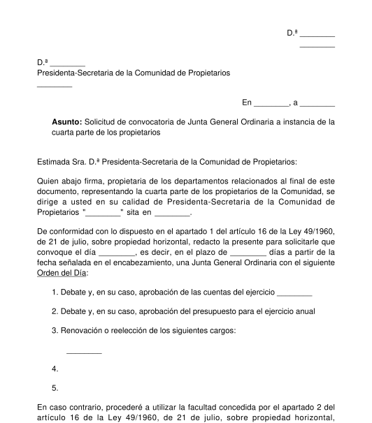 Solicitud de Convocatoria de una Junta de Propietarios al Presidente de la  Comunidad