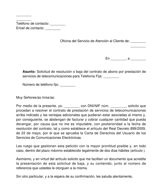 Solicitud para Dar de Baja un Contrato de Telefonía Fija, Móvil e Internet