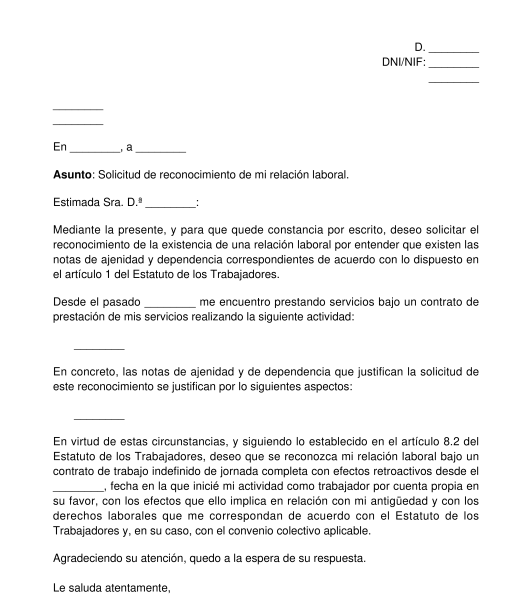 Solicitud de reconocimiento de relación laboral