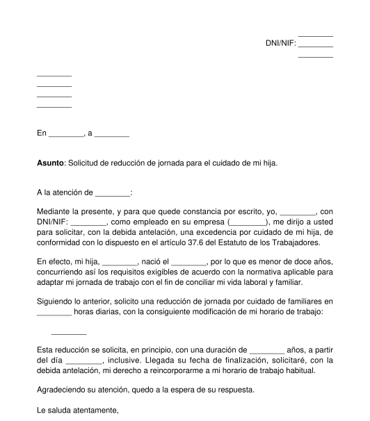 Solicitud de reducción de horas de trabajo por cuidado de familiares