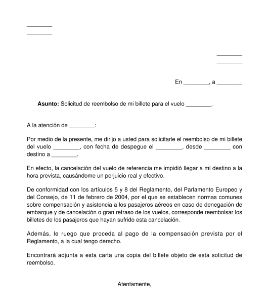 Solicitud de reembolso de un billete de avión anulación, retraso de un vuelo...