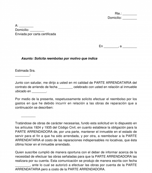Solicitud de Reembolso Emitida por el Arrendatario