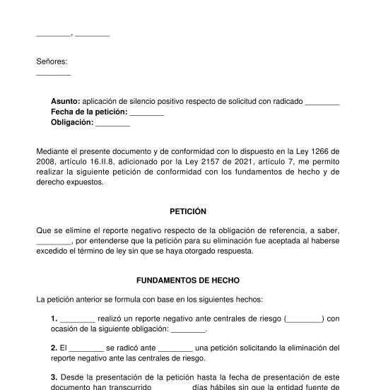 Solicitud de silencio administrativo positivo para centrales de riesgo