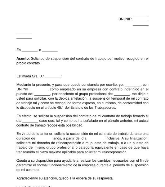 Solicitud de suspensión temporal del contrato de trabajo