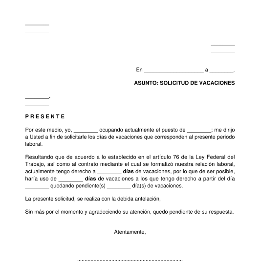 Modelo Carta Vacaciones Trabajador SOLICITUD DE VACACIONES 