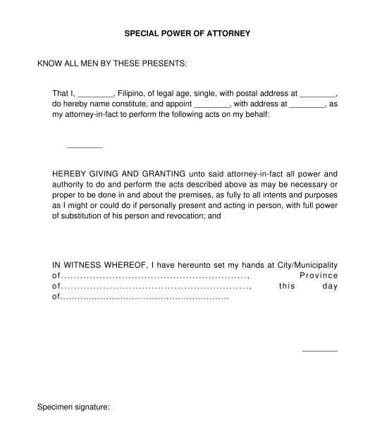 special power of attorney form philippines
 Special Power of Attorney - Sample Template