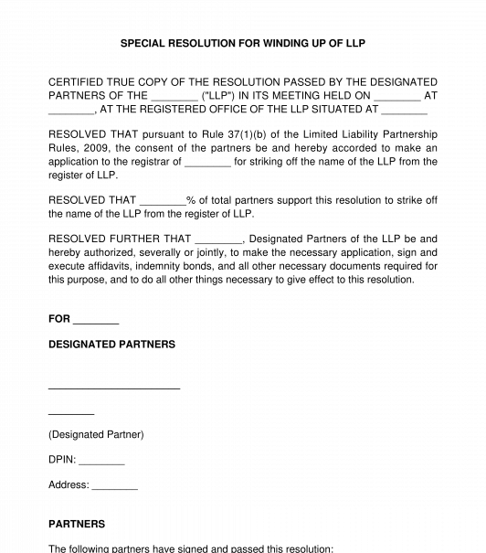 Special Resolution of Partners to Wind up an LLP