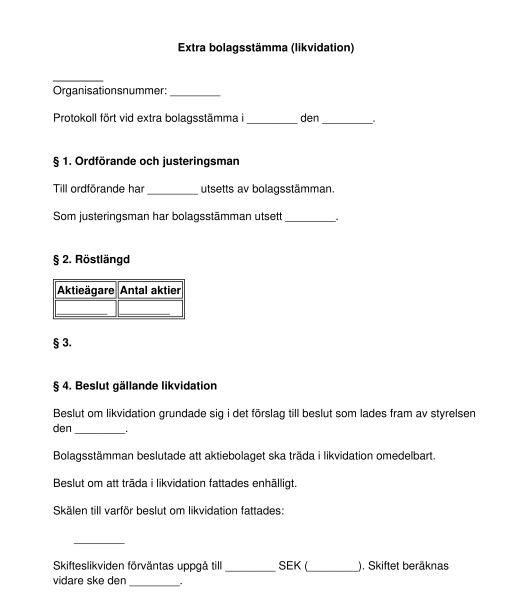 Stämmoprotokoll för extra bolagsstämma likvidation av aktiebolag