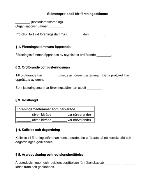 Stämmoprotokoll för föreningsstämma