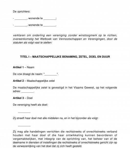 Statuten van een Vereniging zonder Winstoogmerk VZW