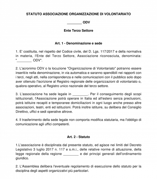 Statuto Organizzazione Di Volontariato - Ente Terzo settore