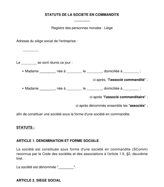 Statuts d'une société en commandite