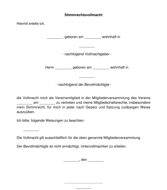 Stimmrechtsvollmacht für eine Mitgliederversammlung Verein