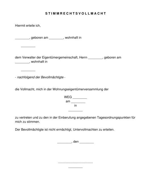 Stimmrechtsvollmacht für die Wohnungseigentümerversammlung