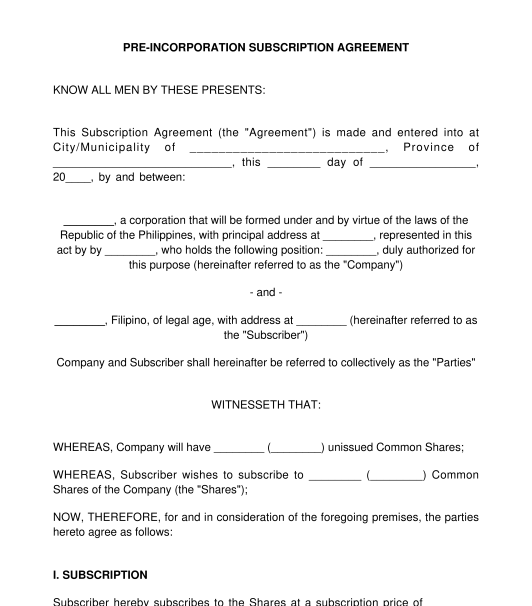 Subscription Agreement for Shares of Stock