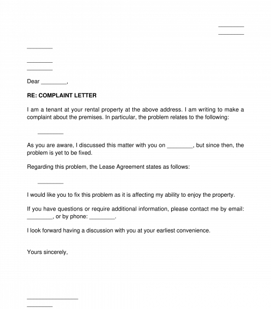 Tenant's Complaint Letter to Landlord