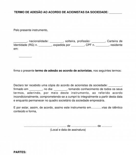 Termo de adesão ao acordo de acionistas ou quotistas