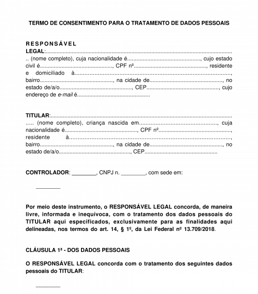 Termo de consentimento para o tratamento de dados pessoais de criança