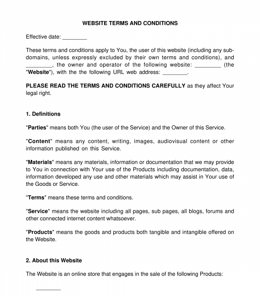 Terms and Conditions of a Website or Mobile Application