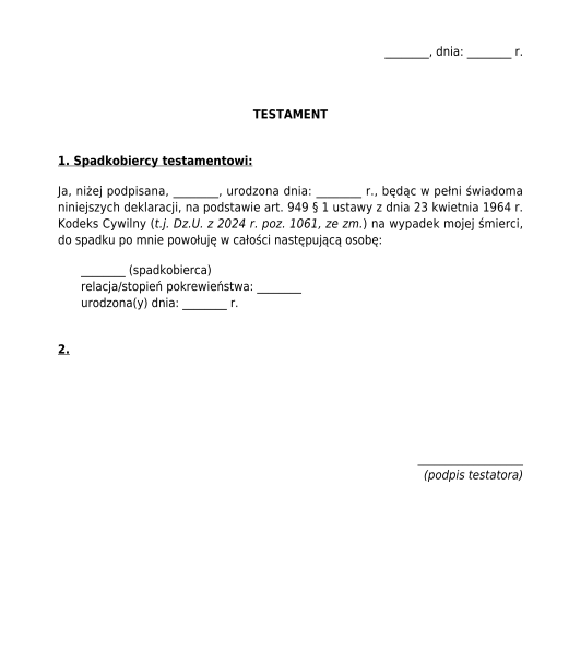 Testament Wz r Przyk ad Do Wype nienia Word I PDF