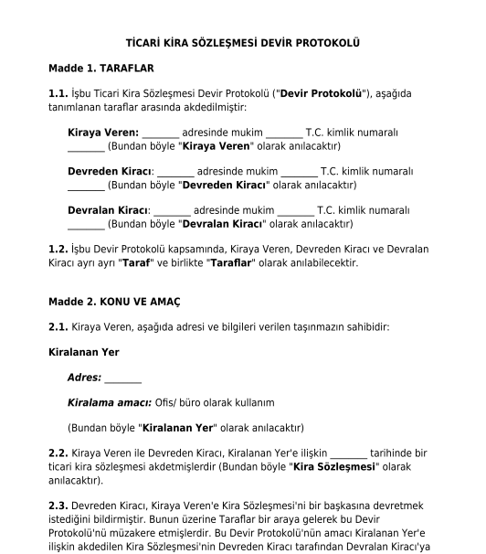 Ticari Kira Sözleşmesi Devir Protokolü