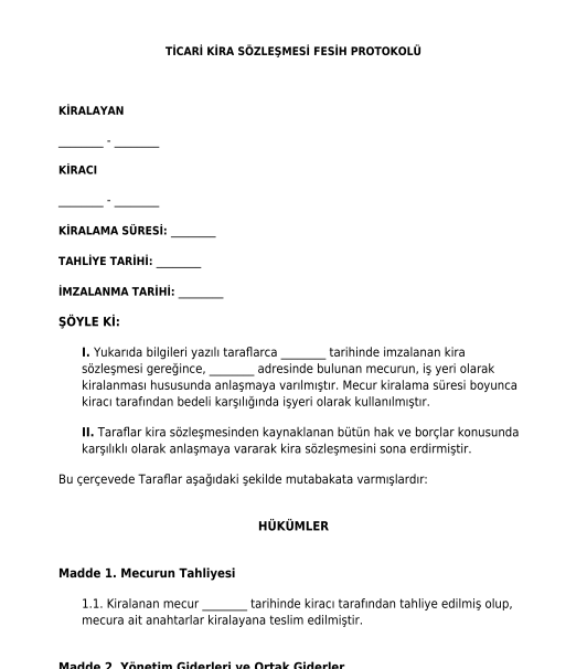 Ticari Kira Sözleşmesi Fesih Protokolü