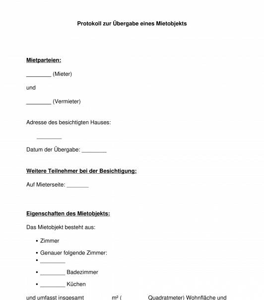 Übergabeprotokoll Wohnraummietvertrag