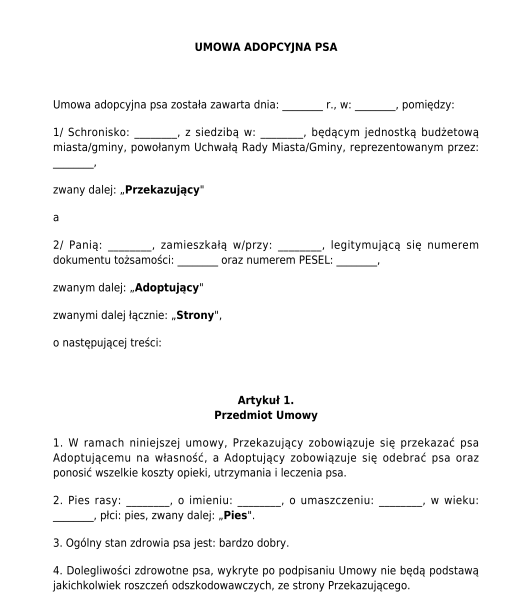 Umowa adopcji psa wzór, przykład online Word i PDF